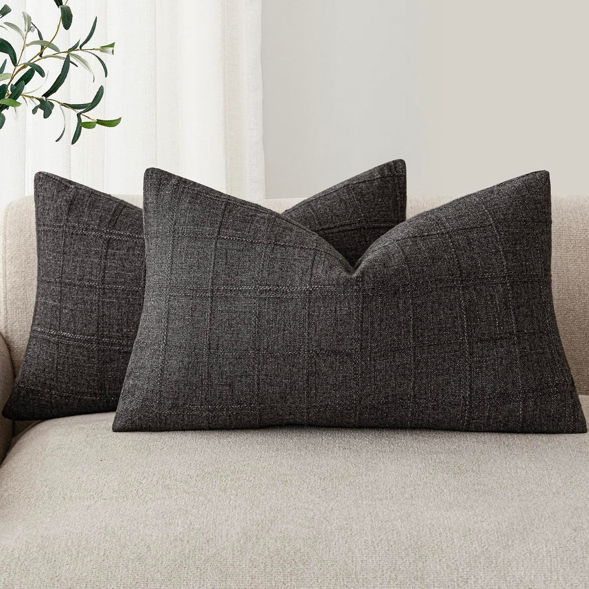 Foindtower Boho Linen Check Decorative Throw Pillow Cover 18×18 Olive Green