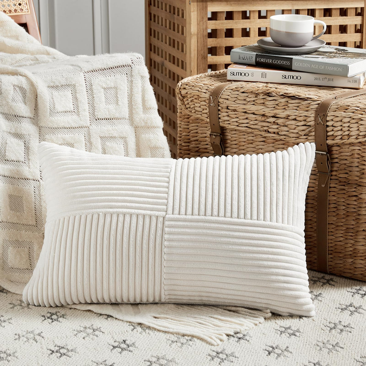 Fancy Homi Blush Pink Lumbar Decorative Throw Pillow Covers 12x20 Inch for Living Room Couch Bed, Rustic Farmhouse Boho Home Decor, Soft Striped Corduroy Rectangle Accent Cushion Case 30x50 cm