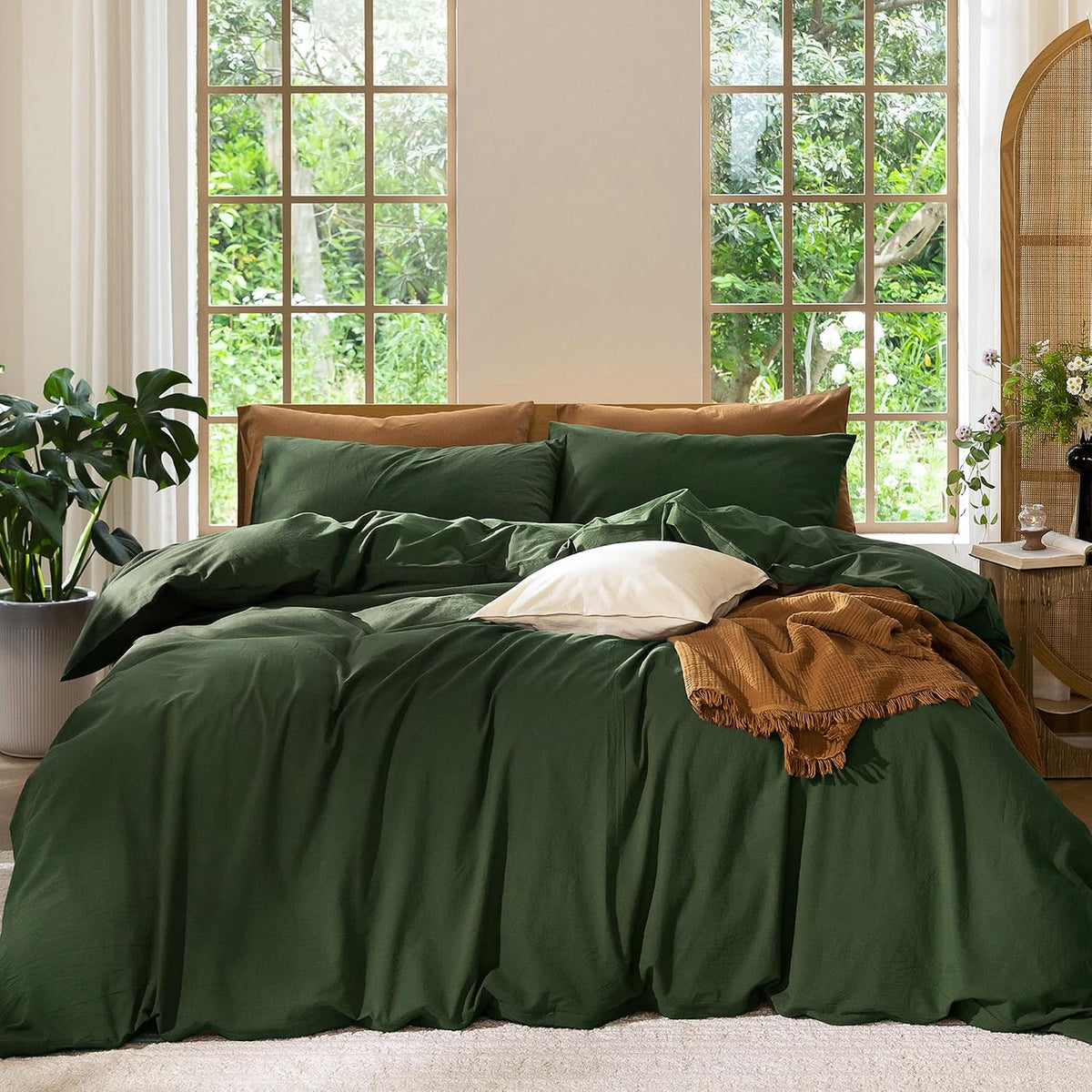 MooMee Duvet Cover Set 100% Washed Cotton Linen Like Queen