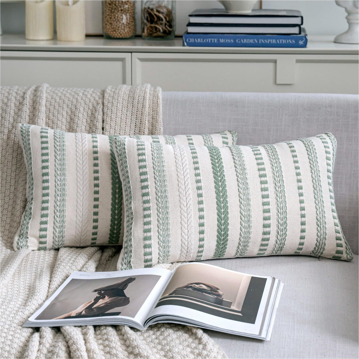 Cethom Blue and Beign Boho Throw Pillow Covers 18x18 Inch Set of 2, Stripe Textured Decorative Couch Pillow Cases for Bed, Sofa, Living Room, Bedroom, Farmhouse Home Accent Cushion Covers