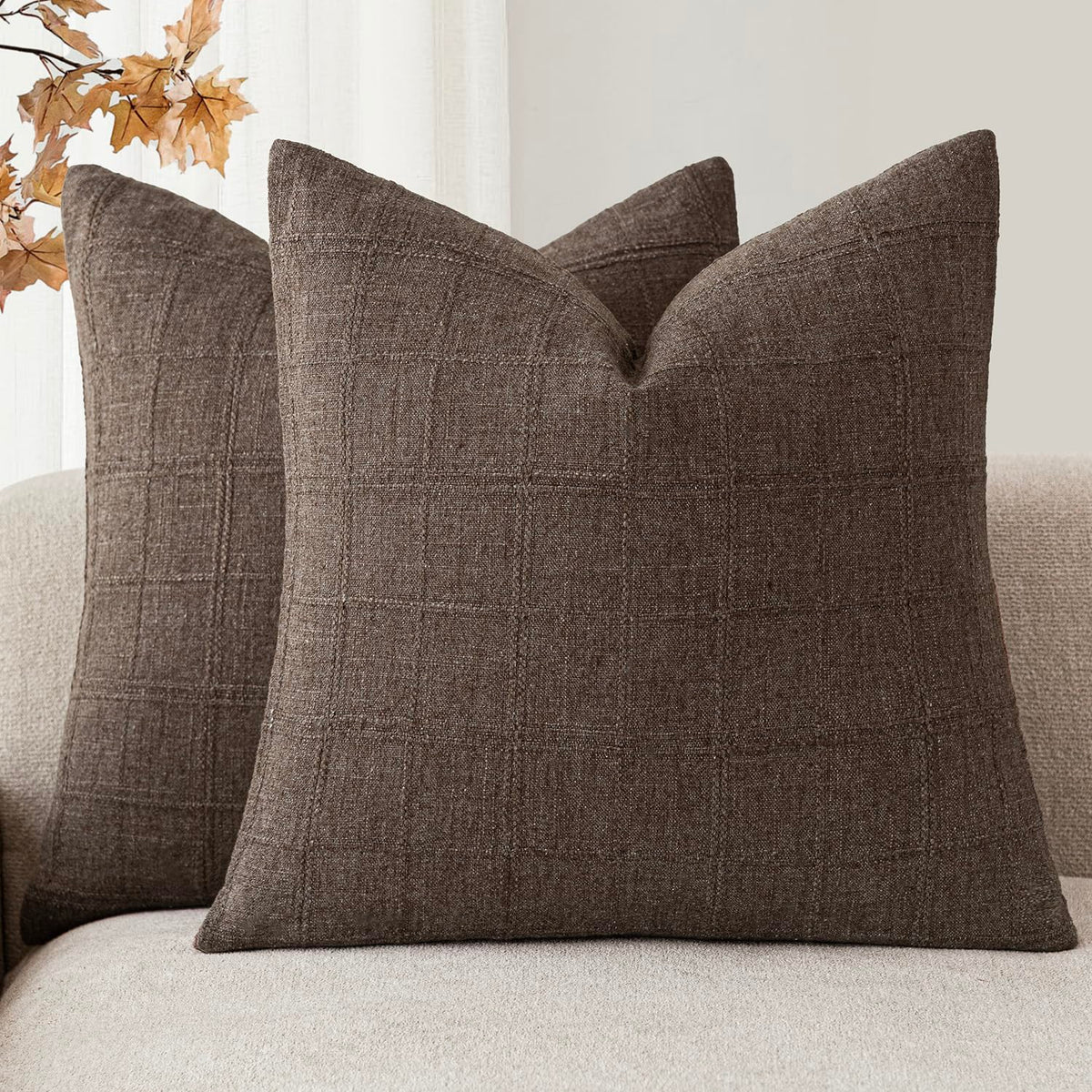 Foindtower Boho Linen Check Decorative Throw Pillow Cover 18×18 Olive Green