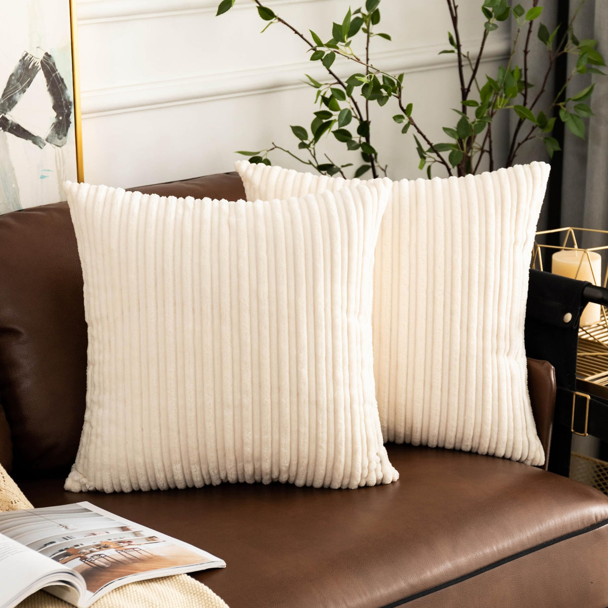 UGASA Velvet 12x20 Inch Lumbar Soft Throw Pillow Cover Boho Farmhouse Decorative Corduroy Striped Both Sides Solid Rectangular Cushion Case for Couch Bedroom Sofa Home, 1 Piece, Beige