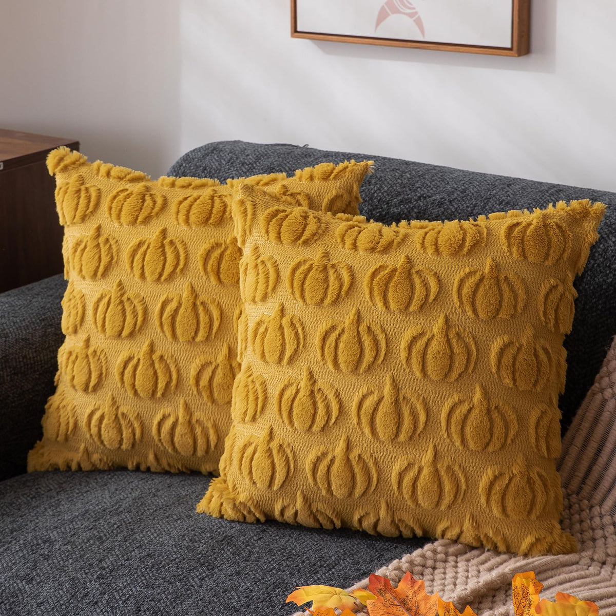 DFXSZ Fall Pillow Covers 18x18 2Pcs Beige Pumpkin Fall Decorations for Home