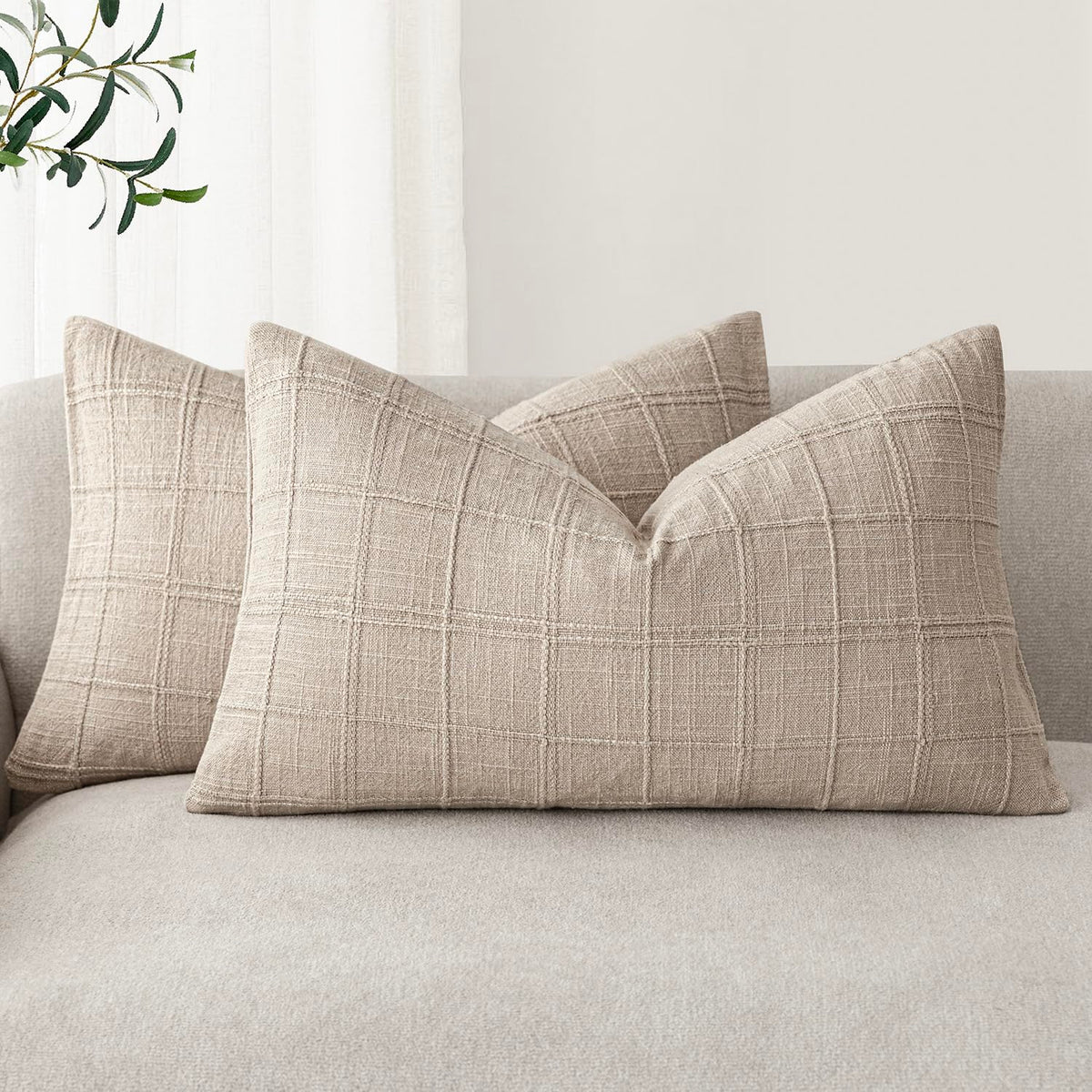 Foindtower Boho Linen Check Decorative Throw Pillow Cover 18×18 Olive Green