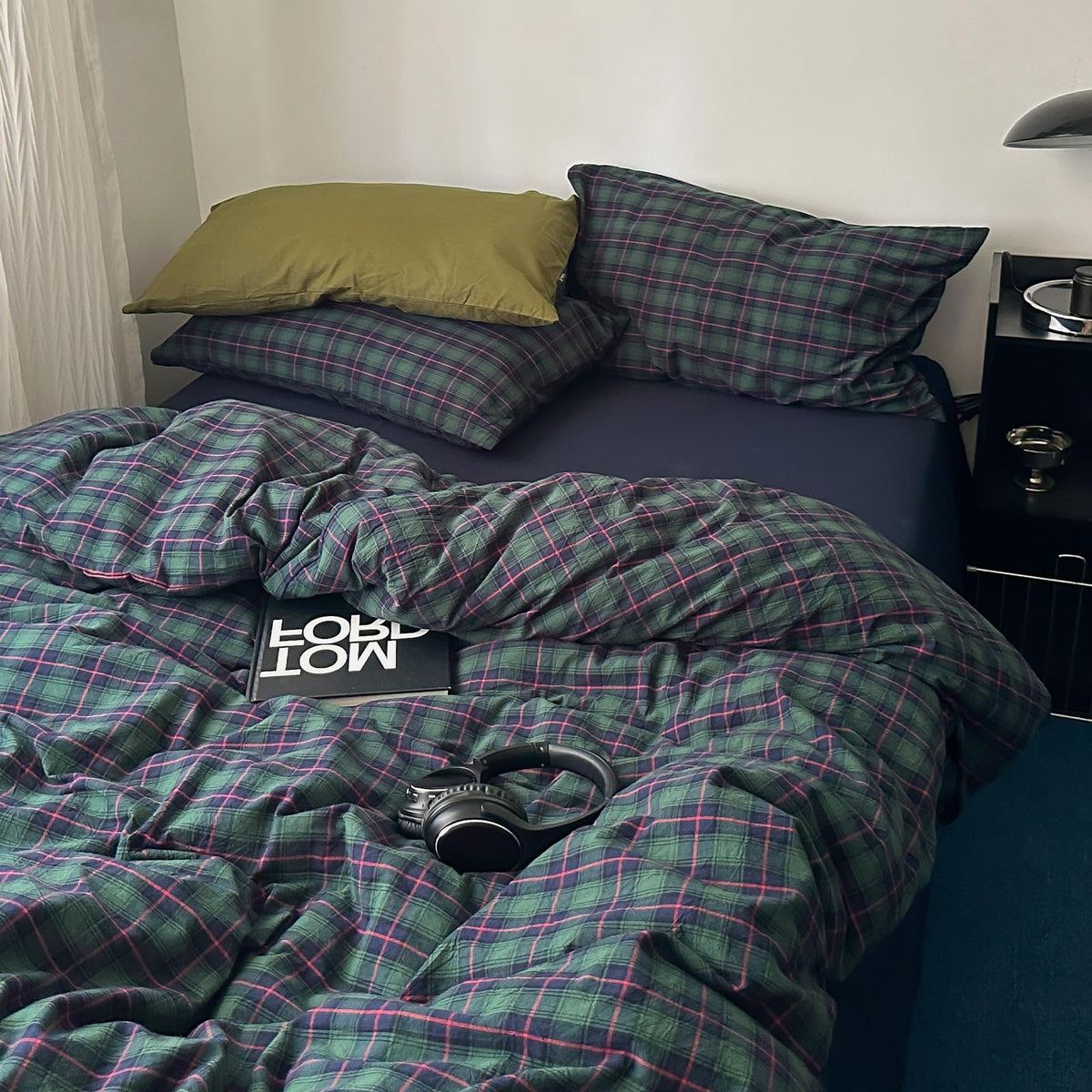 Plaid Duvet Cover Set Washed Cotton,Queen(90"x90"),Multicolor Gingham