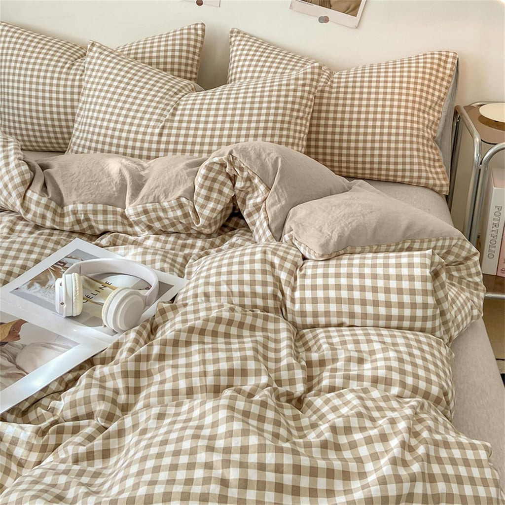 Nayoroom Gingham Duvet Cover Set Queen Brown Tan Plaid Checkered Bedding