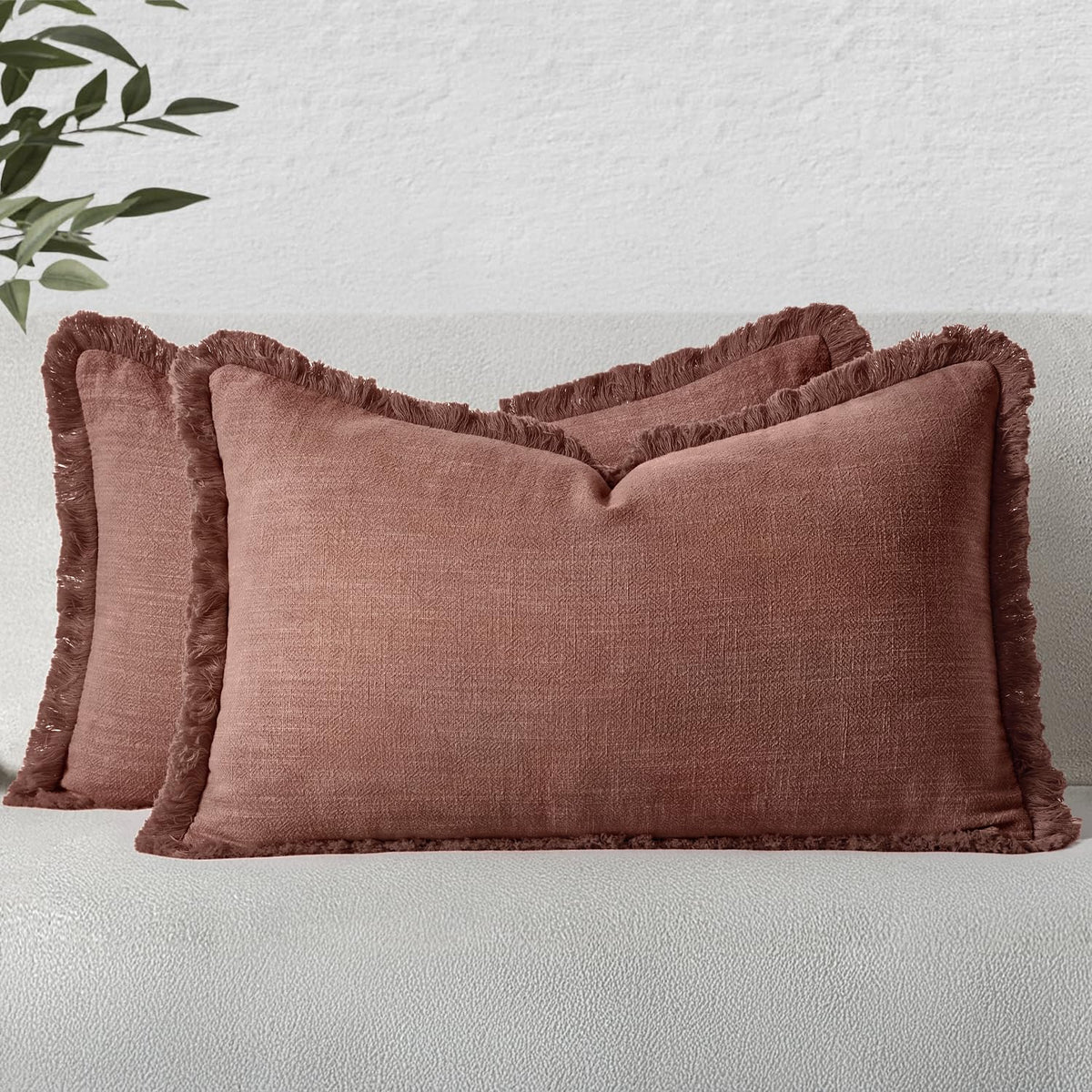 MIULEE Boho Linen Fringe Decorative Throw Pillow Covers Olive Green 20x20