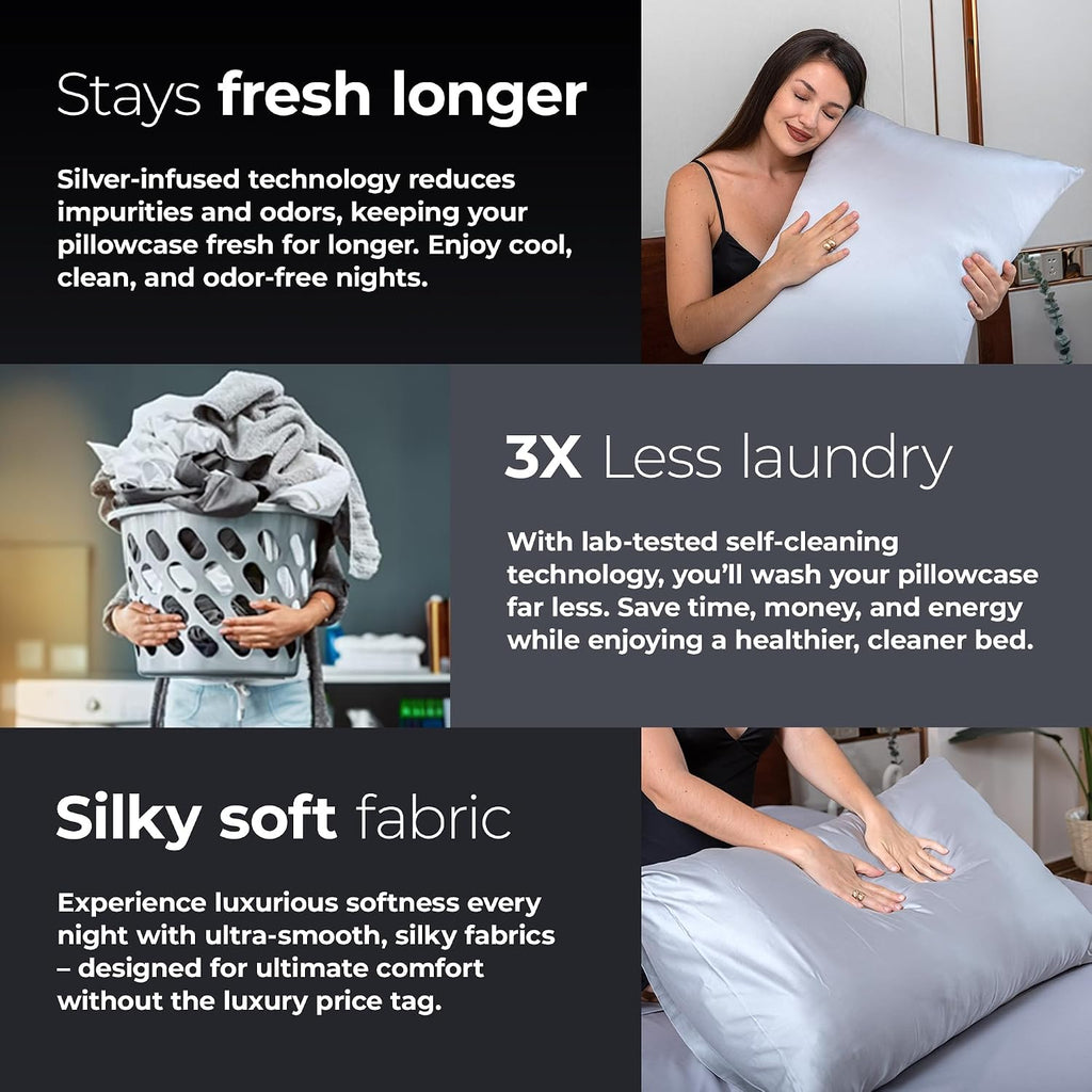 Silvery Silver Infused Pillowcase Set - 2 Pack Self-Cooling Pillowcases with Self-Cleaning Silvery Technology™ for Hygienic Sleep - Luxurious Silky Soft Comfort (Gray, Queen (U.S. Standard))