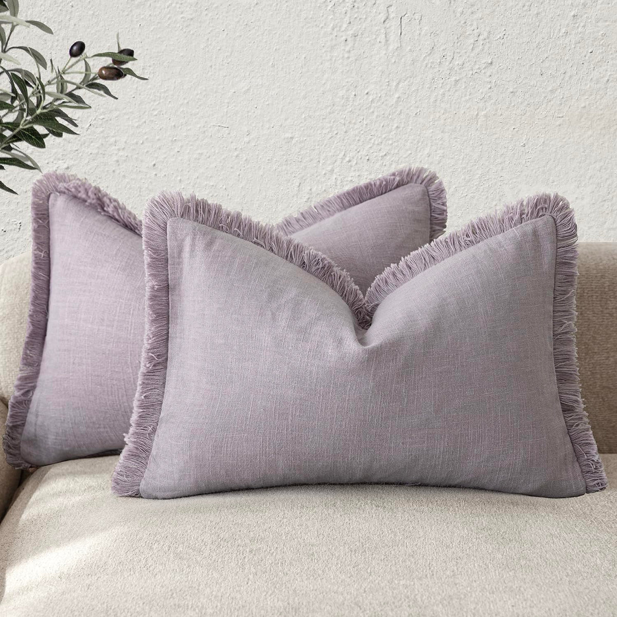 Foindtower Decorative Linen Fringe Throw Pillow Covers 20×20 Olive Green