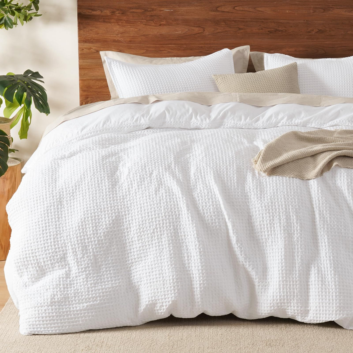 David's Home Soft Textured Waffle Weave Duvet Cover Set, King Size, Natural