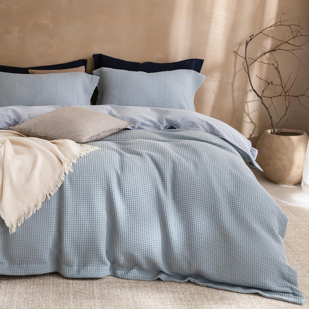 3Pcs Brown Waffle Cotton Duvet Cover Set King 104 x 90