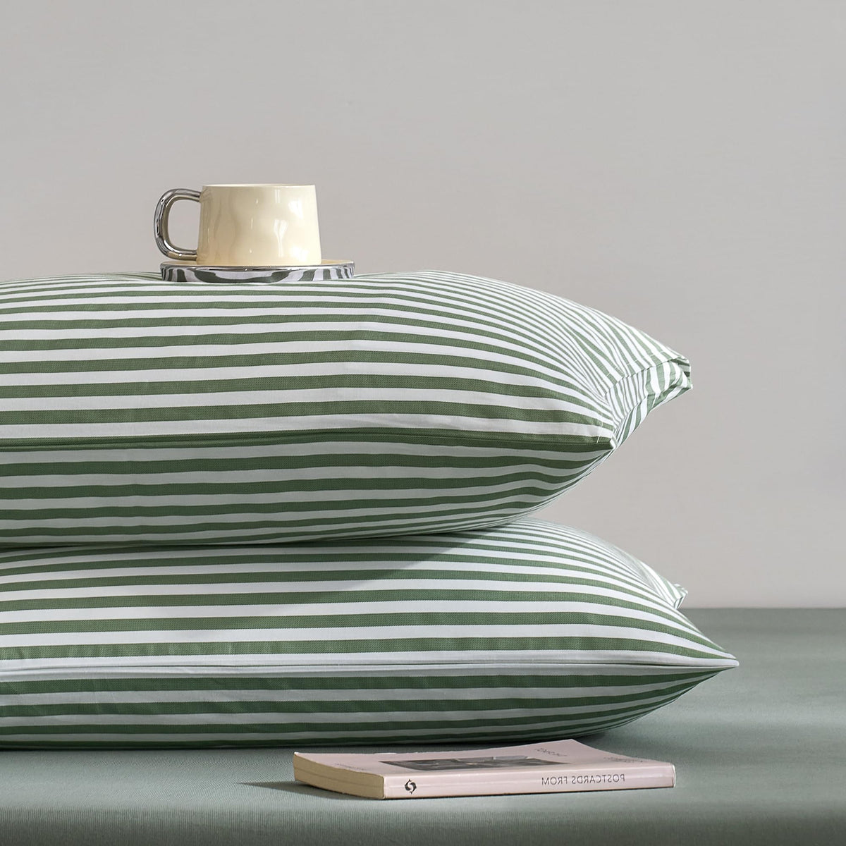JELLYMONI Cotton Classic Striped Pillowcases Set of 2, Green, Queen