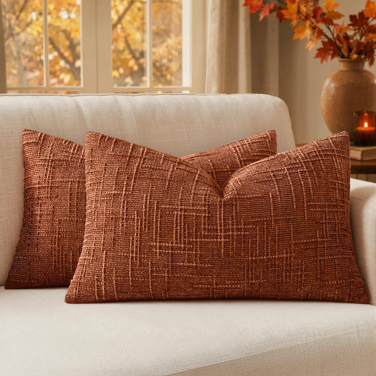 MIULEE Chenille Textured Throw Pillow Covers Cream White 20x20 Set of 2
