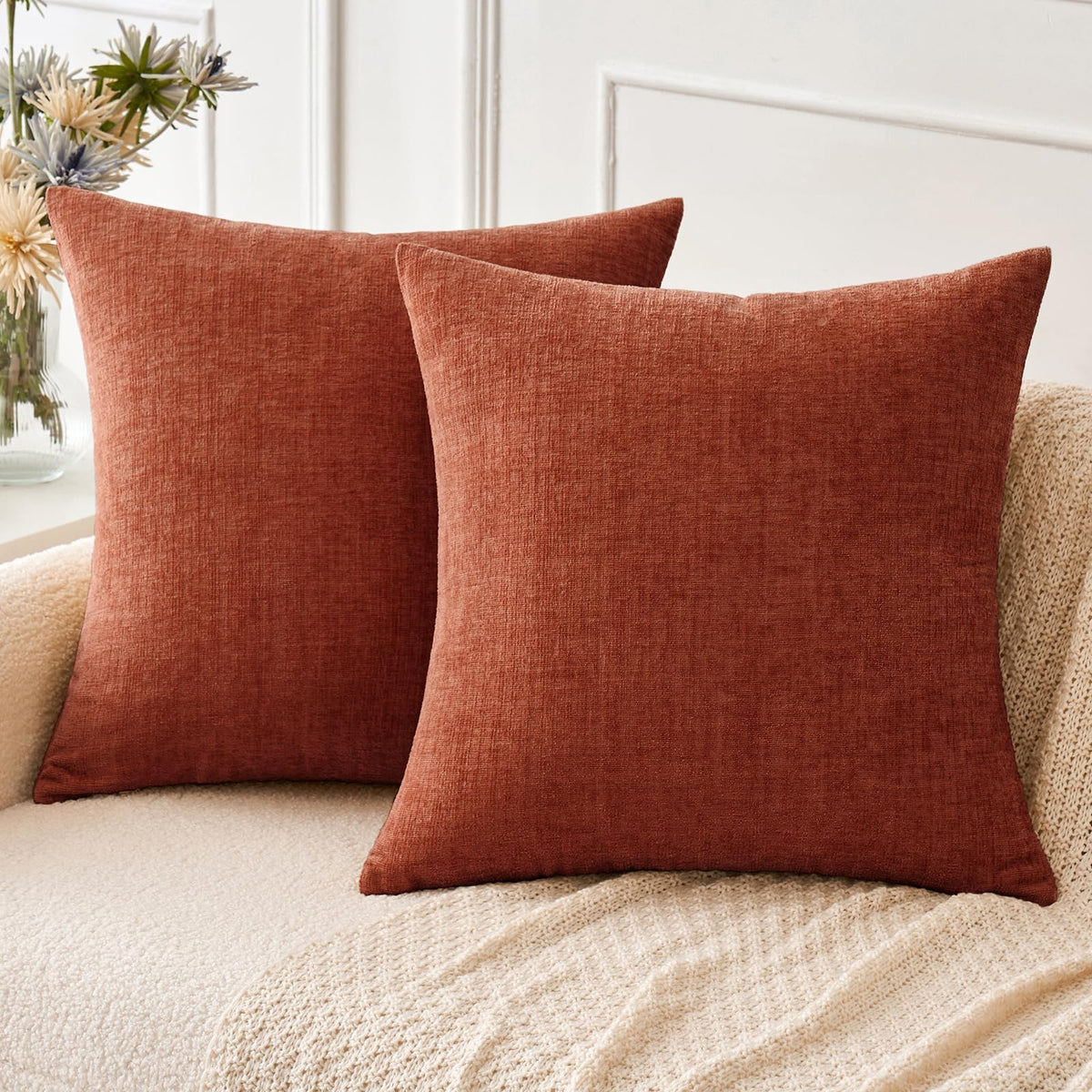 MIULEE Soft Chenille Throw Pillow Covers Teal 18x18 Inch Pack of 2