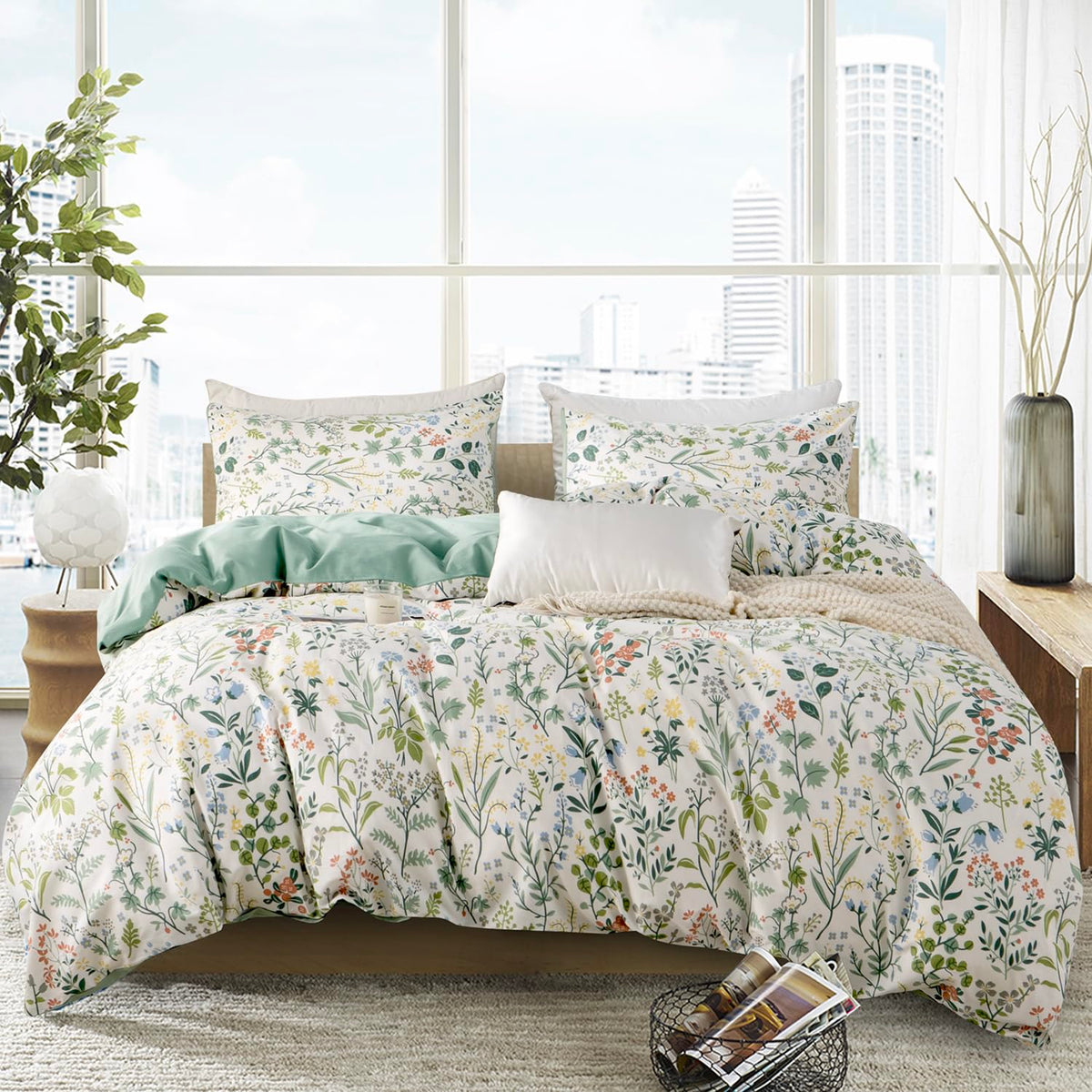 King Size Duvet Cover Set Floral Luxury Soft Brushed Microfiber Crinkle Gauze Fabric 3 Pieces Bedding Set Flower Pattern Duvet Cover King with Zipper Closure Breathable Comfy