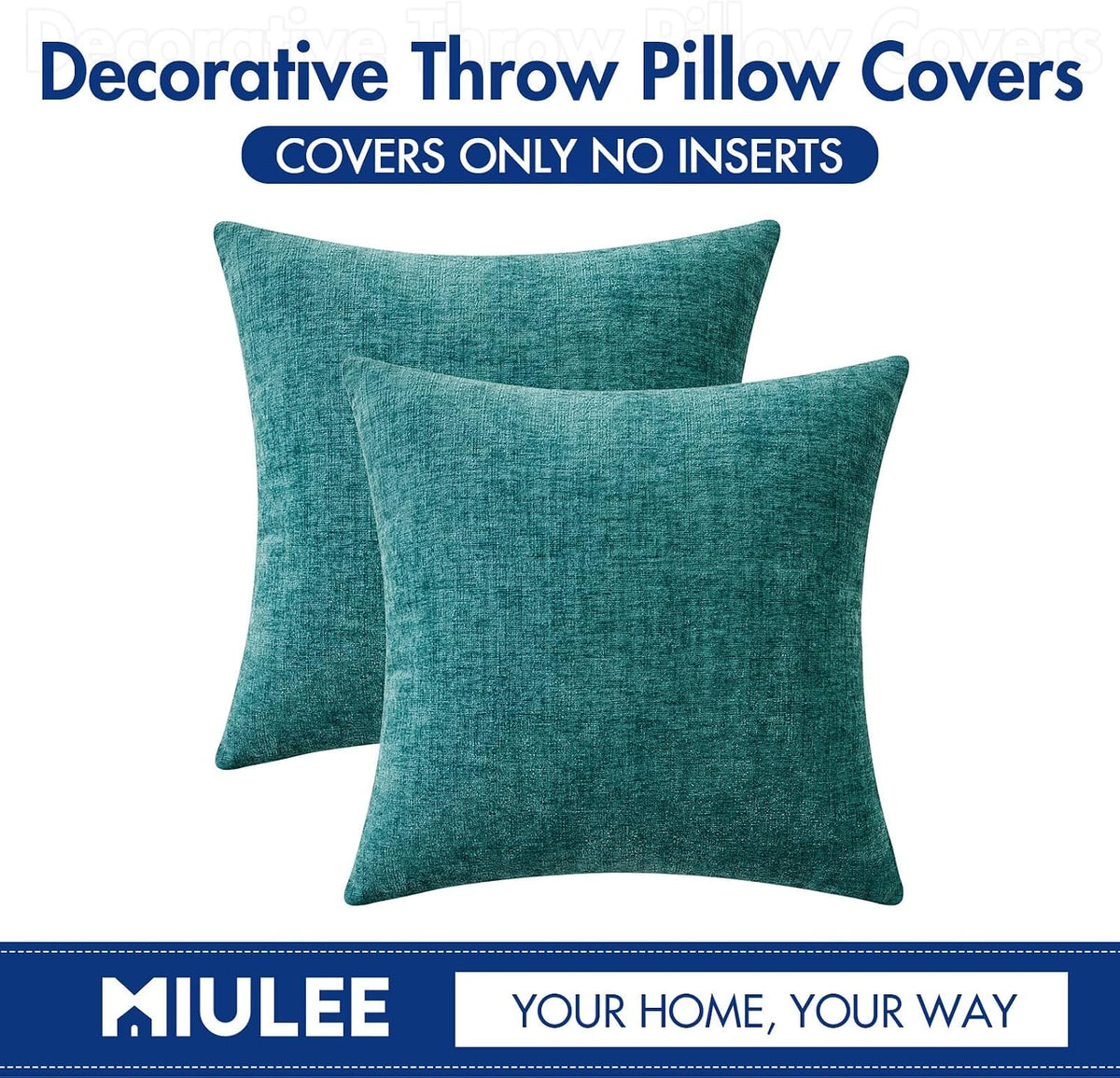 MIULEE Soft Chenille Throw Pillow Covers Teal 18x18 Inch Pack of 2