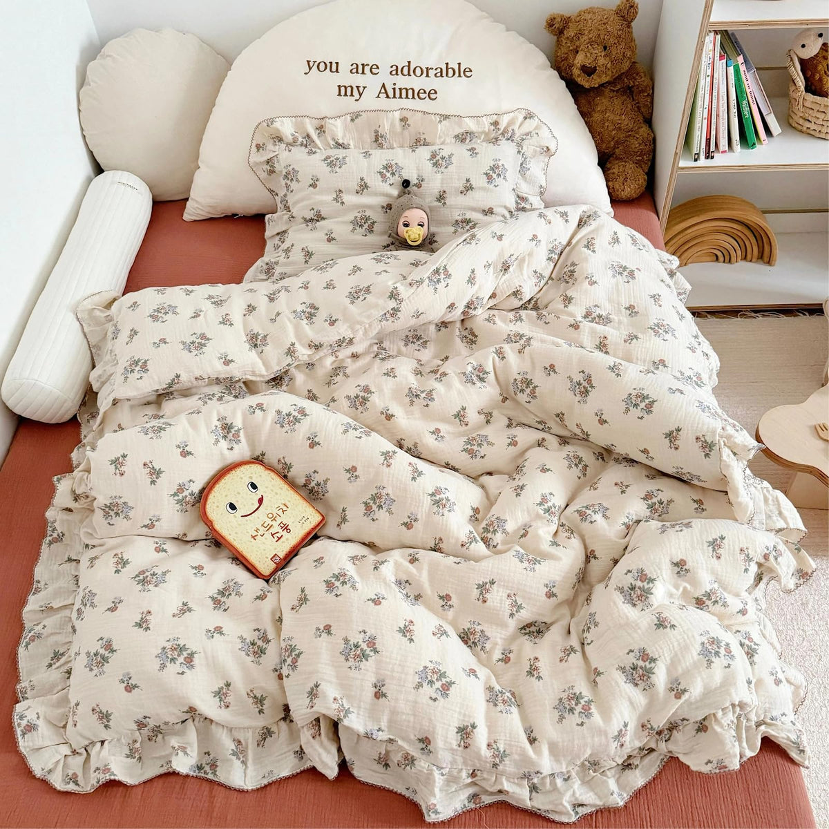 BuLuTu 100% Cotton Muslin Duvet Cover Twin for Kids Girls Boys, Shabby Chic Azalea Floral Duvet Covers Vintage Farmhouse Comforter/Quilt Cover with Ruffles, 68"x86", Zipper Closure, No Pillow