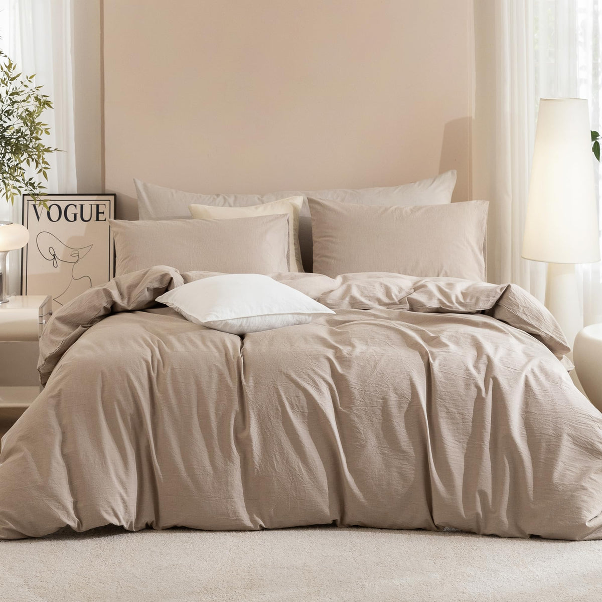 JIYUAN Queen Washed Cotton Duvet Cover Set, 3-Piece, Relaxed Linen Feel