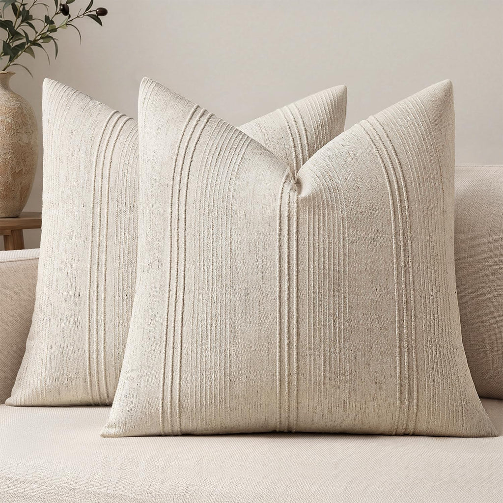 MIULEE Decorative Striped Throw Pillow Covers 18x18 in Natural Beige 2 Pack