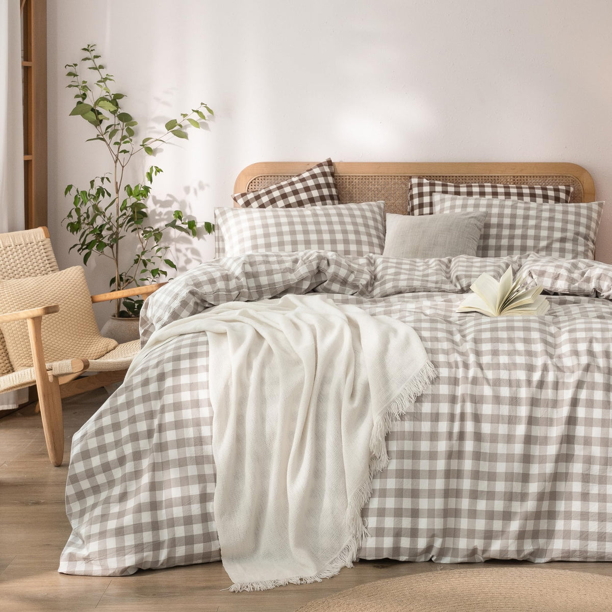 BESTOUCH Cotton Solid Duvet Cover Set Linen Feel Off White Queen