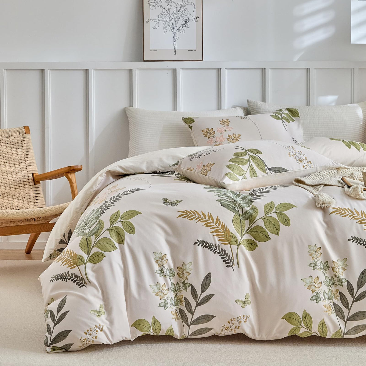 Lekesky Floral Duvet Cover Queen Size 3-Piece, Sage Green