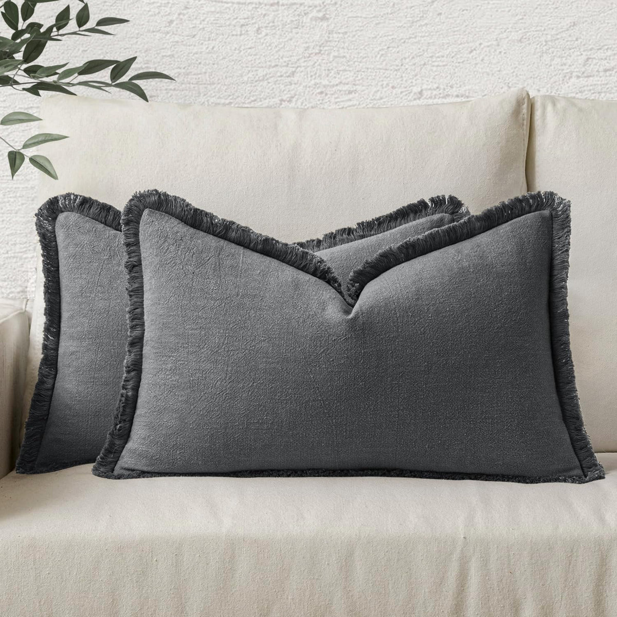 MIULEE Boho Linen Fringe Decorative Throw Pillow Covers Olive Green 20x20