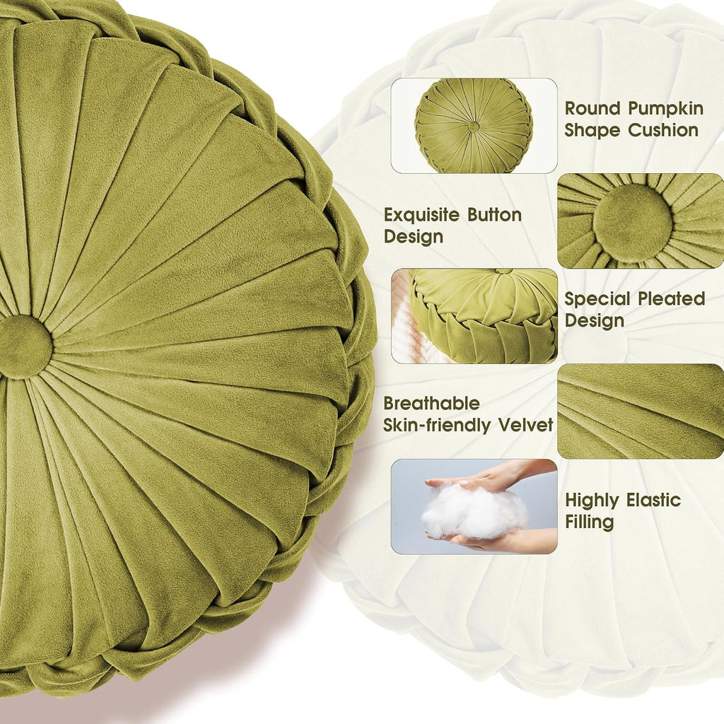 ROSE&RISY Round Pleated Velvet Throw Pillow, 2 Pack Decorative Accent Pumpkin Pillow Cushion for Couch Sofa Bed, Soft Plush Retro Vanity Throw Pillows for Home Decor, 14.5 Inch, Olive Green