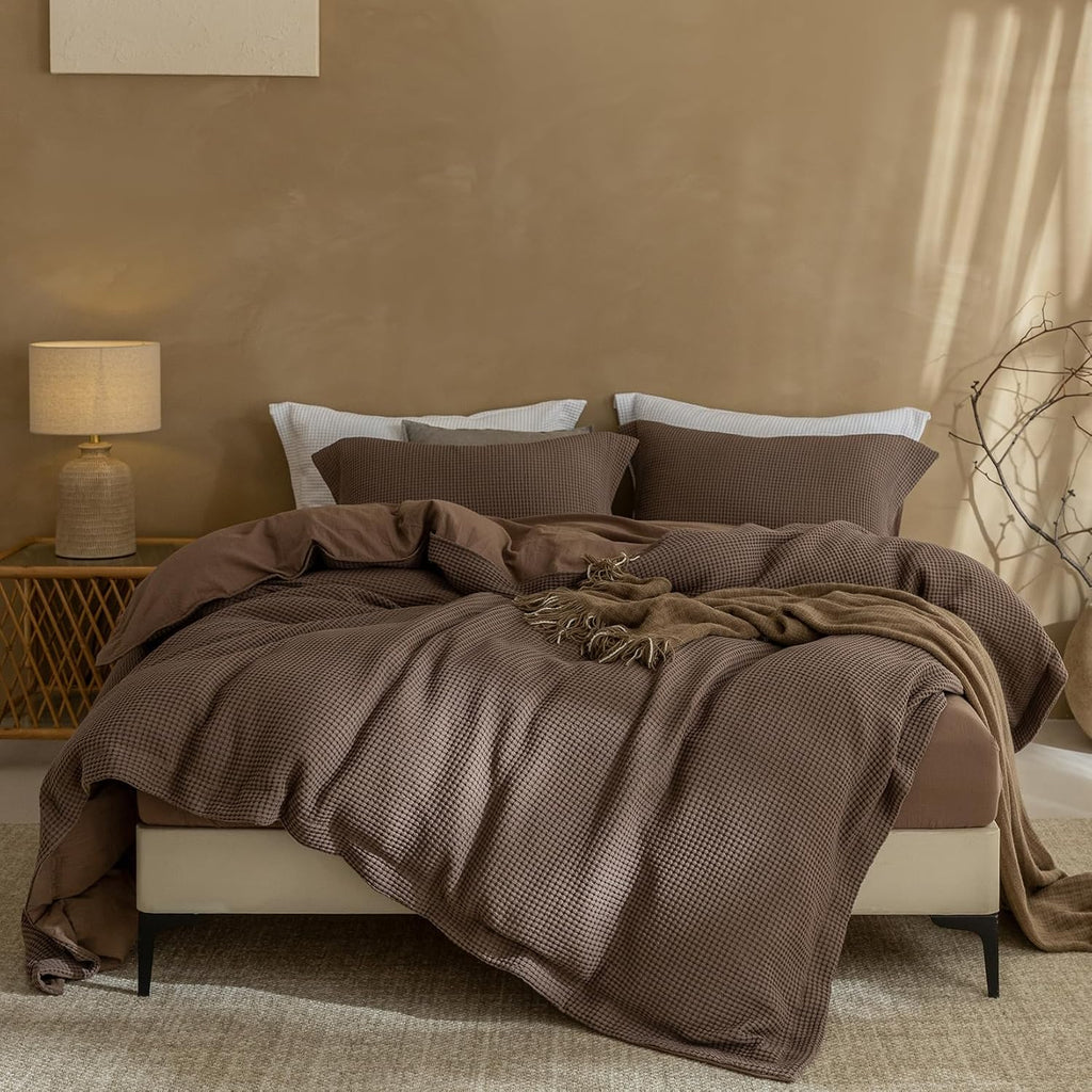 3Pcs Brown Waffle Cotton Duvet Cover Set King 104 x 90