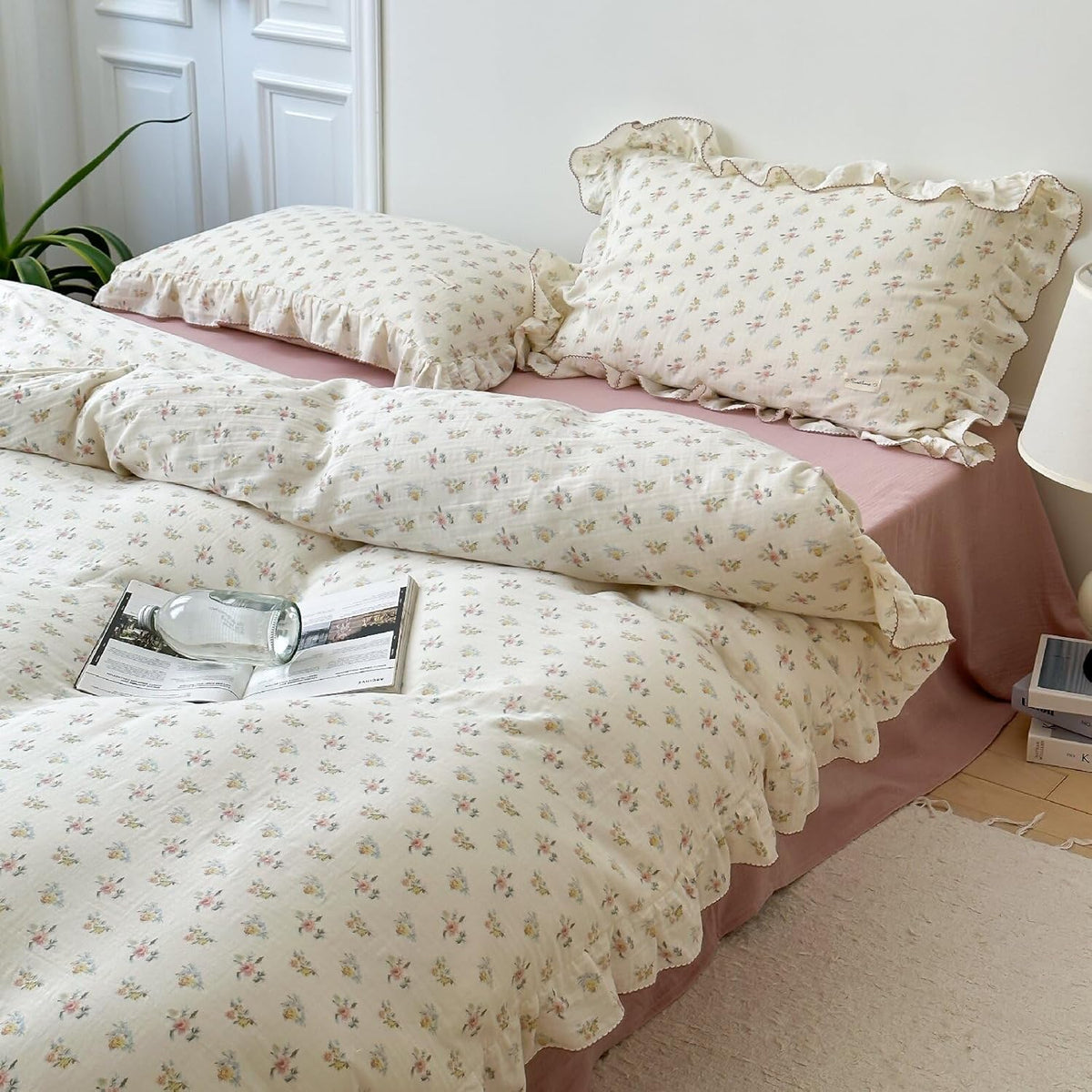 BuLuTu 100% Cotton Muslin Duvet Cover Twin for Kids Girls Boys, Shabby Chic Azalea Floral Duvet Covers Vintage Farmhouse Comforter/Quilt Cover with Ruffles, 68"x86", Zipper Closure, No Pillow
