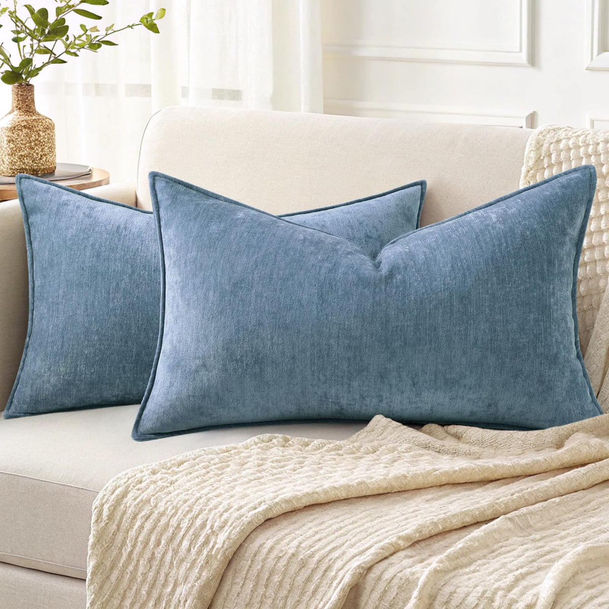 decorUhome Chenille Beige Velvet Throw Pillow Covers 20x20 Set of 2