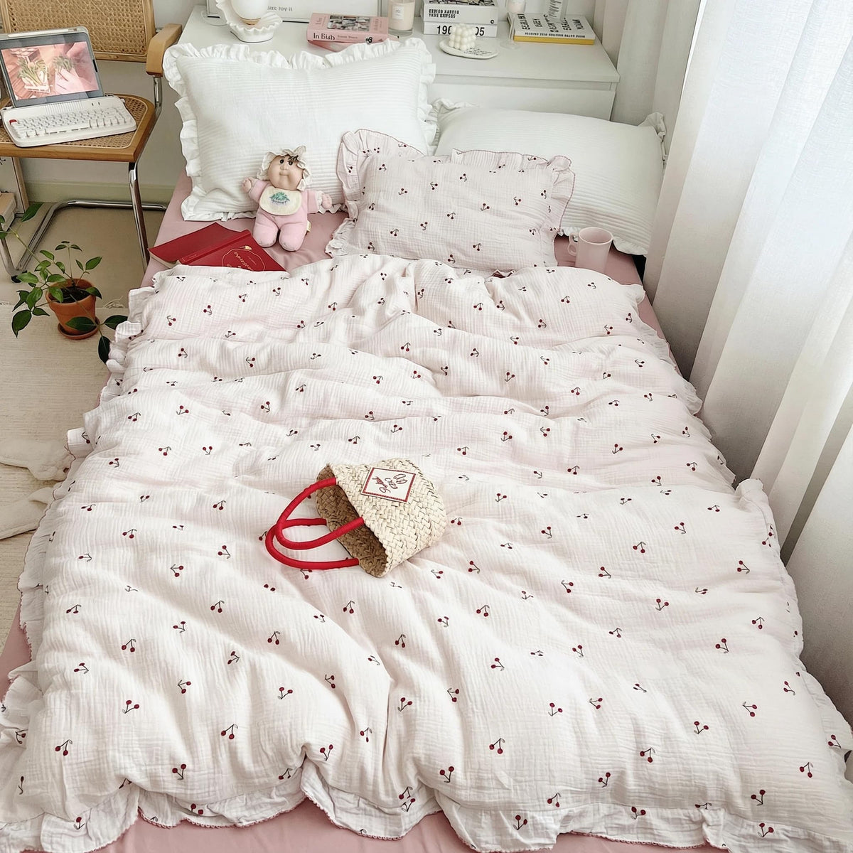 BuLuTu 100% Cotton Muslin Duvet Cover Twin for Kids Girls Boys, Shabby Chic Azalea Floral Duvet Covers Vintage Farmhouse Comforter/Quilt Cover with Ruffles, 68"x86", Zipper Closure, No Pillow