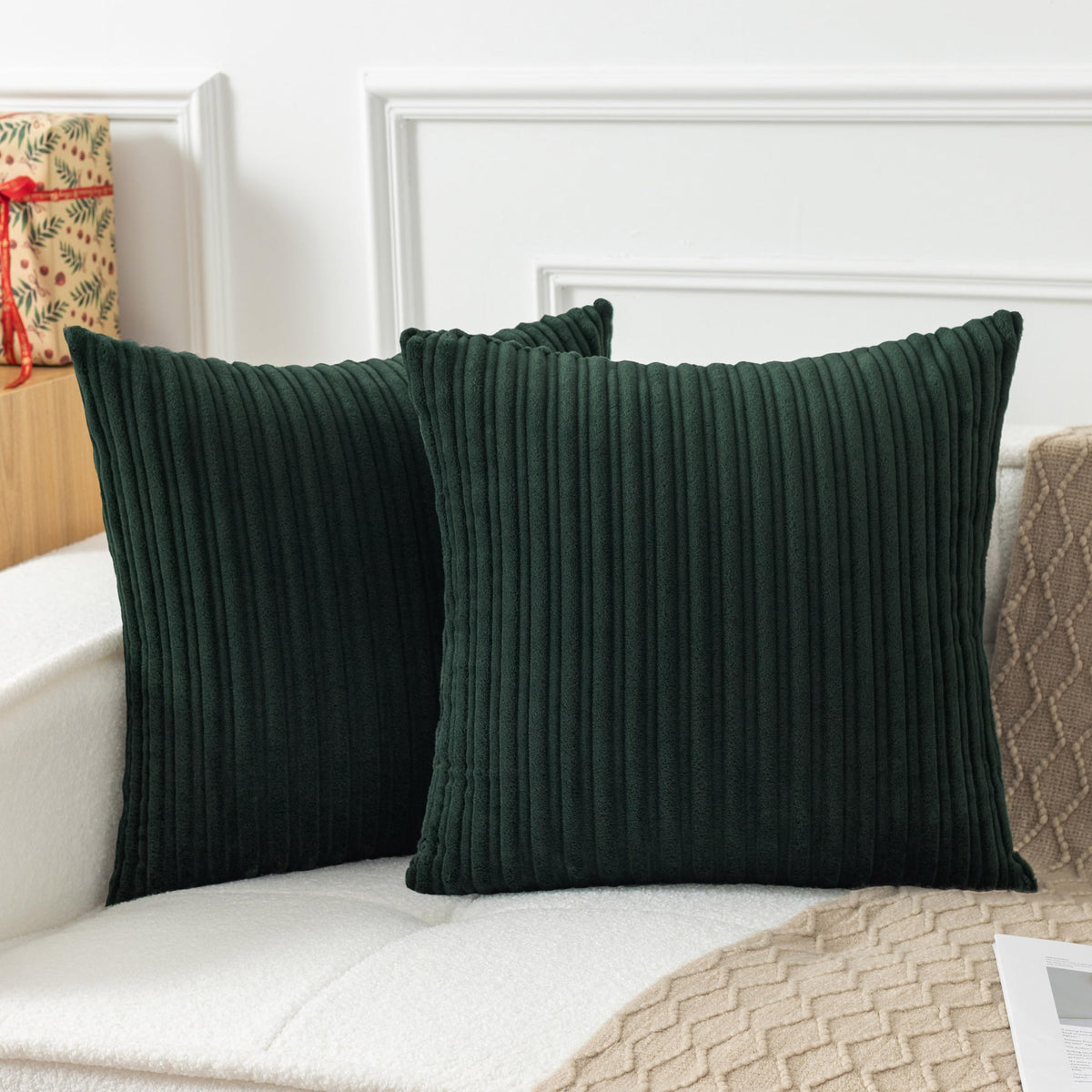 UGASA Velvet 12x20 Inch Lumbar Soft Throw Pillow Cover Boho Farmhouse Decorative Corduroy Striped Both Sides Solid Rectangular Cushion Case for Couch Bedroom Sofa Home, 1 Piece, Beige