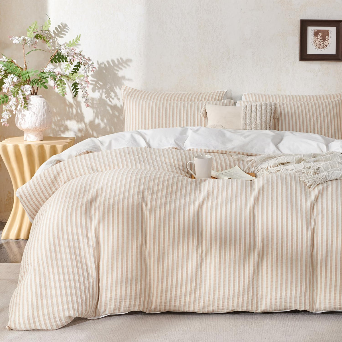 King Size Duvet Cover Set Floral Luxury Soft Brushed Microfiber Crinkle Gauze Fabric 3 Pieces Bedding Set Flower Pattern Duvet Cover King with Zipper Closure Breathable Comfy