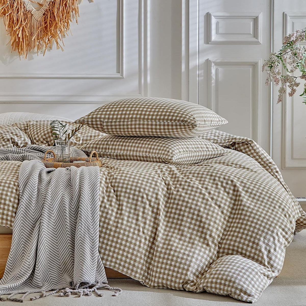 DuShow Grid King Duvet Cover Set - Tan Gingham Washed Microfiber Comforter Cover Set, 3 Pieces Plaid Checkered Soft Reversible Bedding Set(Tan,King)