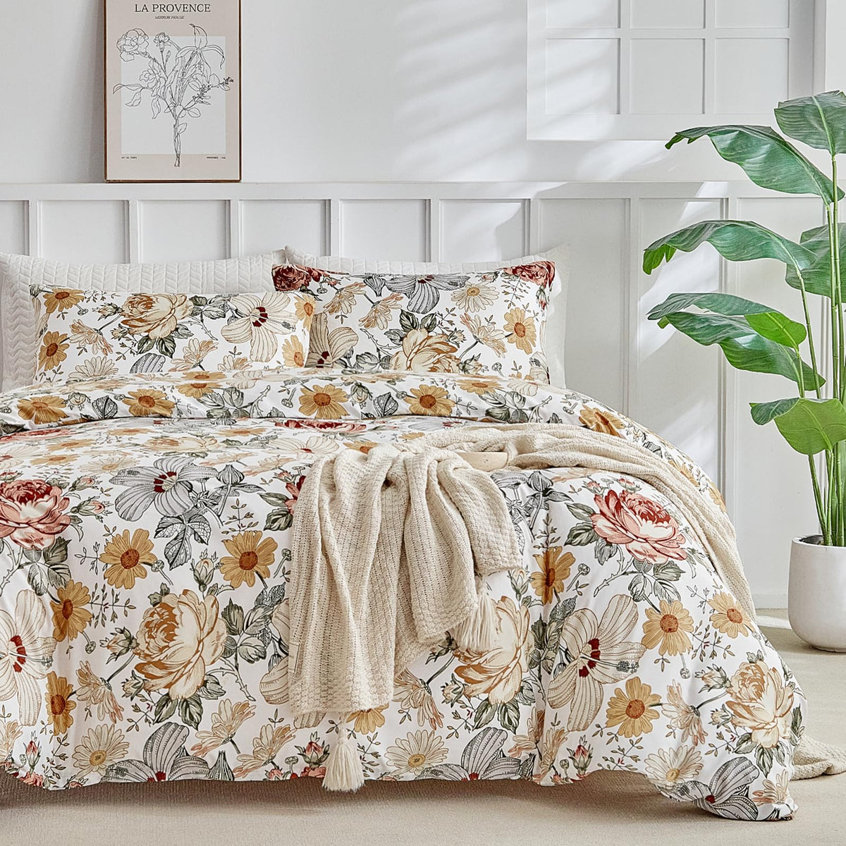 Lekesky Floral Duvet Cover Queen Size 3-Piece, Sage Green