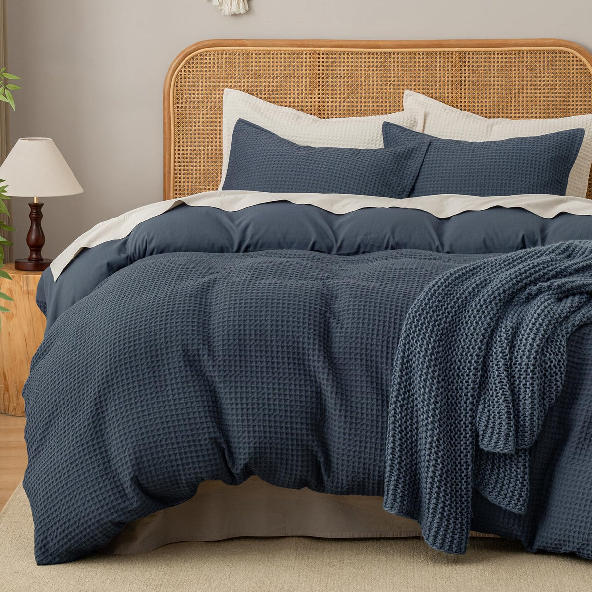 David's Home Soft Textured Waffle Weave Duvet Cover Set, King Size, Natural