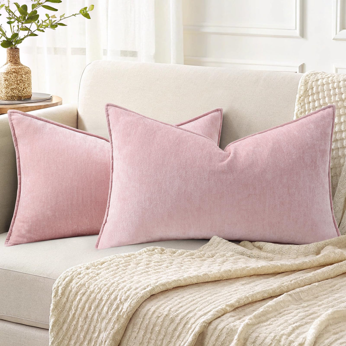 decorUhome Chenille Beige Velvet Throw Pillow Covers 20x20 Set of 2
