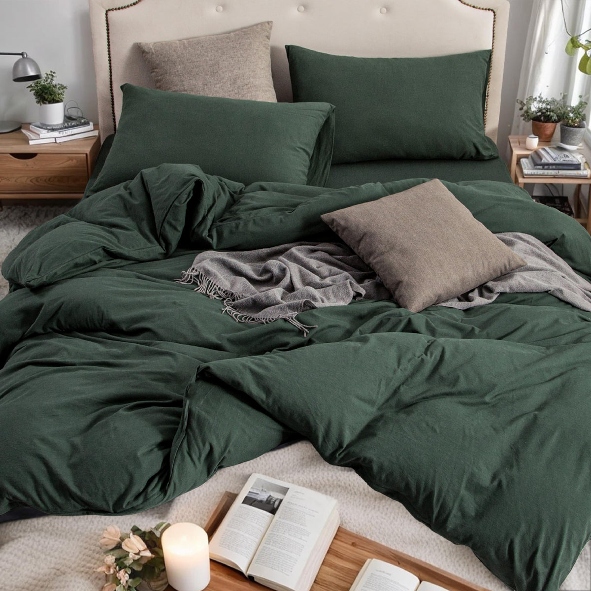 PURE ERA Jersey Knit Duvet Cover Set 100% T-Shirt Cotton Super Soft Comfy 3pc Bedding Set with Zipper Closure (Heather Beige, Queen)