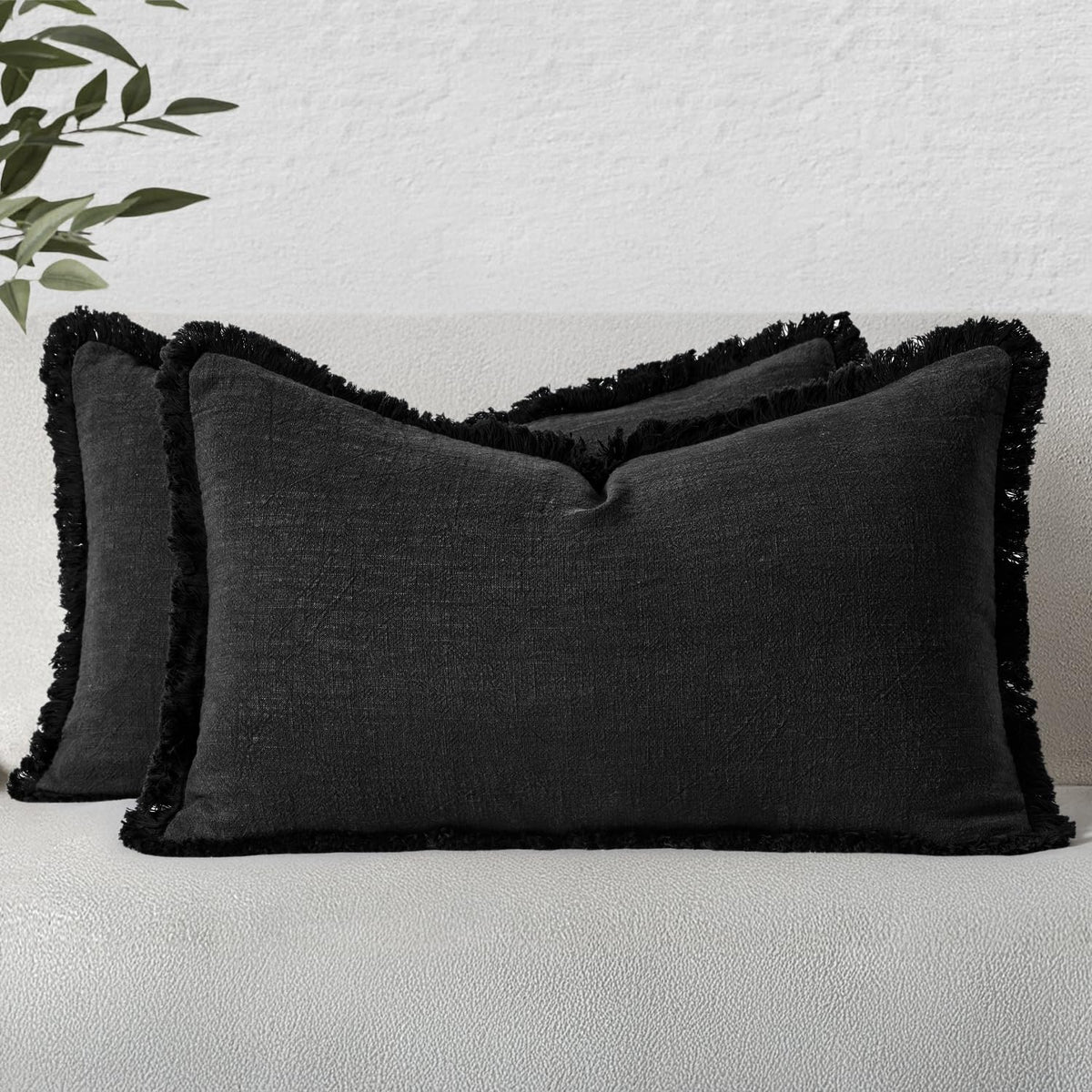 MIULEE Boho Linen Fringe Decorative Throw Pillow Covers Olive Green 20x20