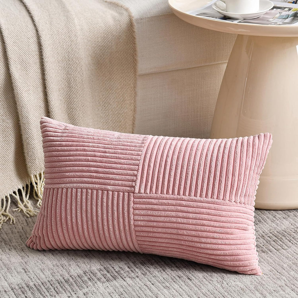 Fancy Homi Blush Pink Lumbar Decorative Throw Pillow Covers 12x20 Inch for Living Room Couch Bed, Rustic Farmhouse Boho Home Decor, Soft Striped Corduroy Rectangle Accent Cushion Case 30x50 cm