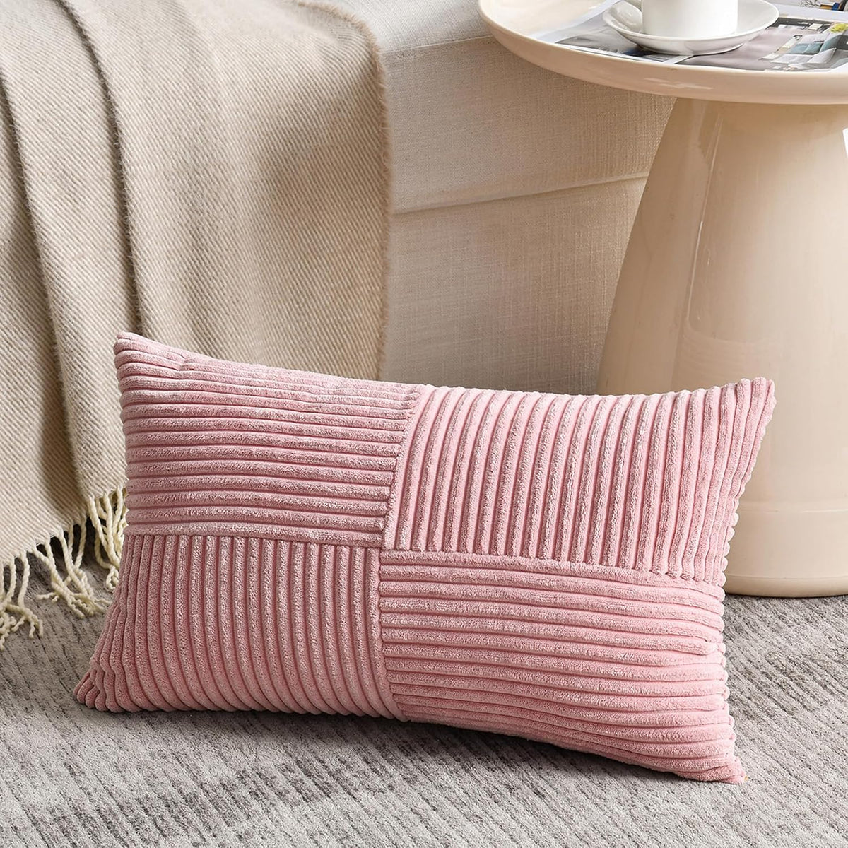 Fancy Homi Blush Pink Lumbar Decorative Throw Pillow Covers 12x20 Inch for Living Room Couch Bed, Rustic Farmhouse Boho Home Decor, Soft Striped Corduroy Rectangle Accent Cushion Case 30x50 cm