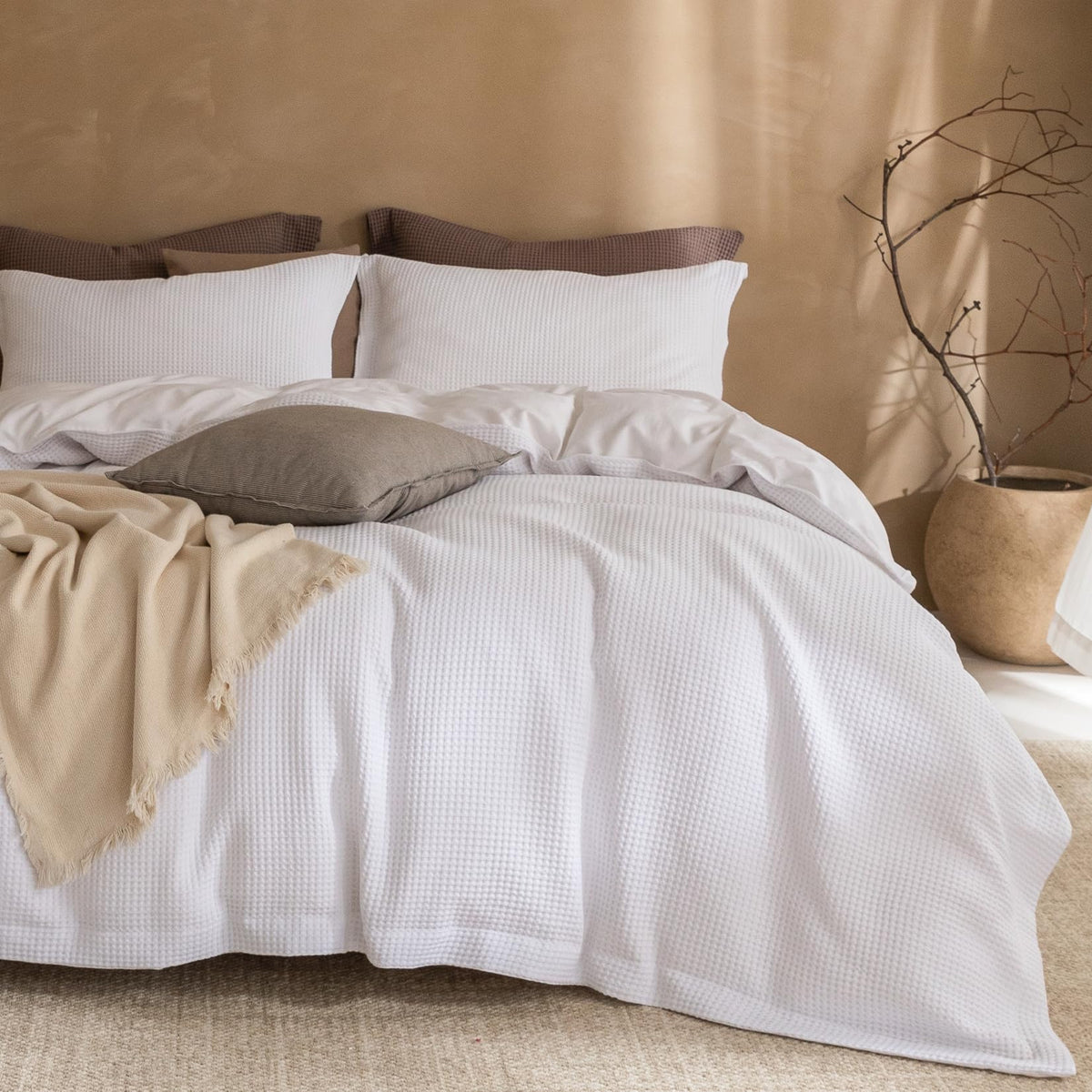 3Pcs Brown Waffle Cotton Duvet Cover Set King 104 x 90