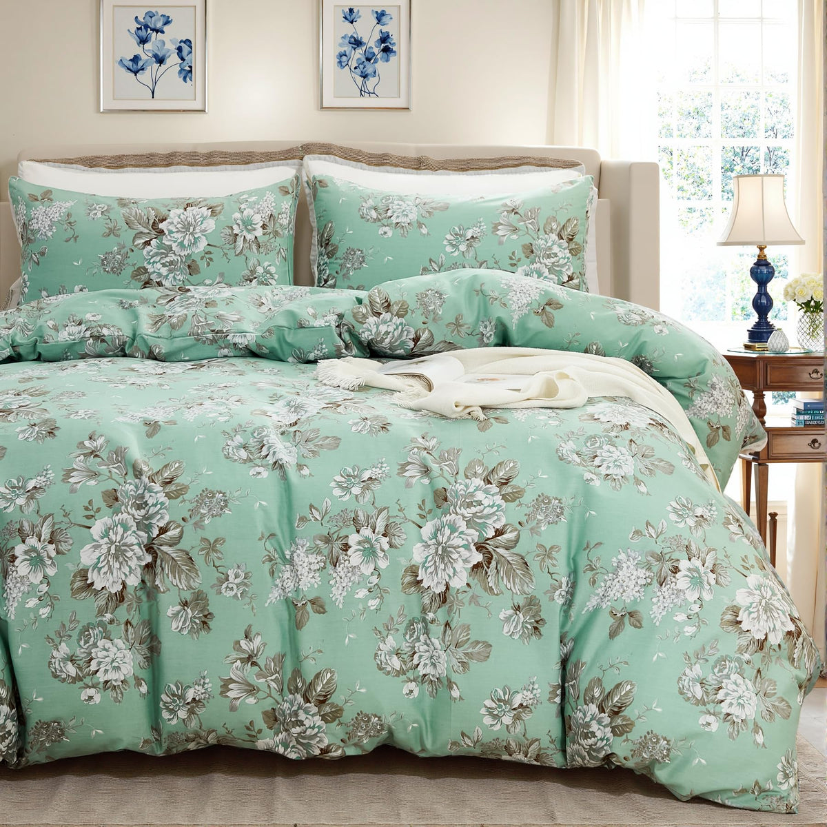 Duvet Cover Queen Size - 100% Cotton Reversible Floral Queen Duvet Cover Set with Zipper Closure, 3 Pieces Soft & Breathable Green Bedding Set for All Seasons