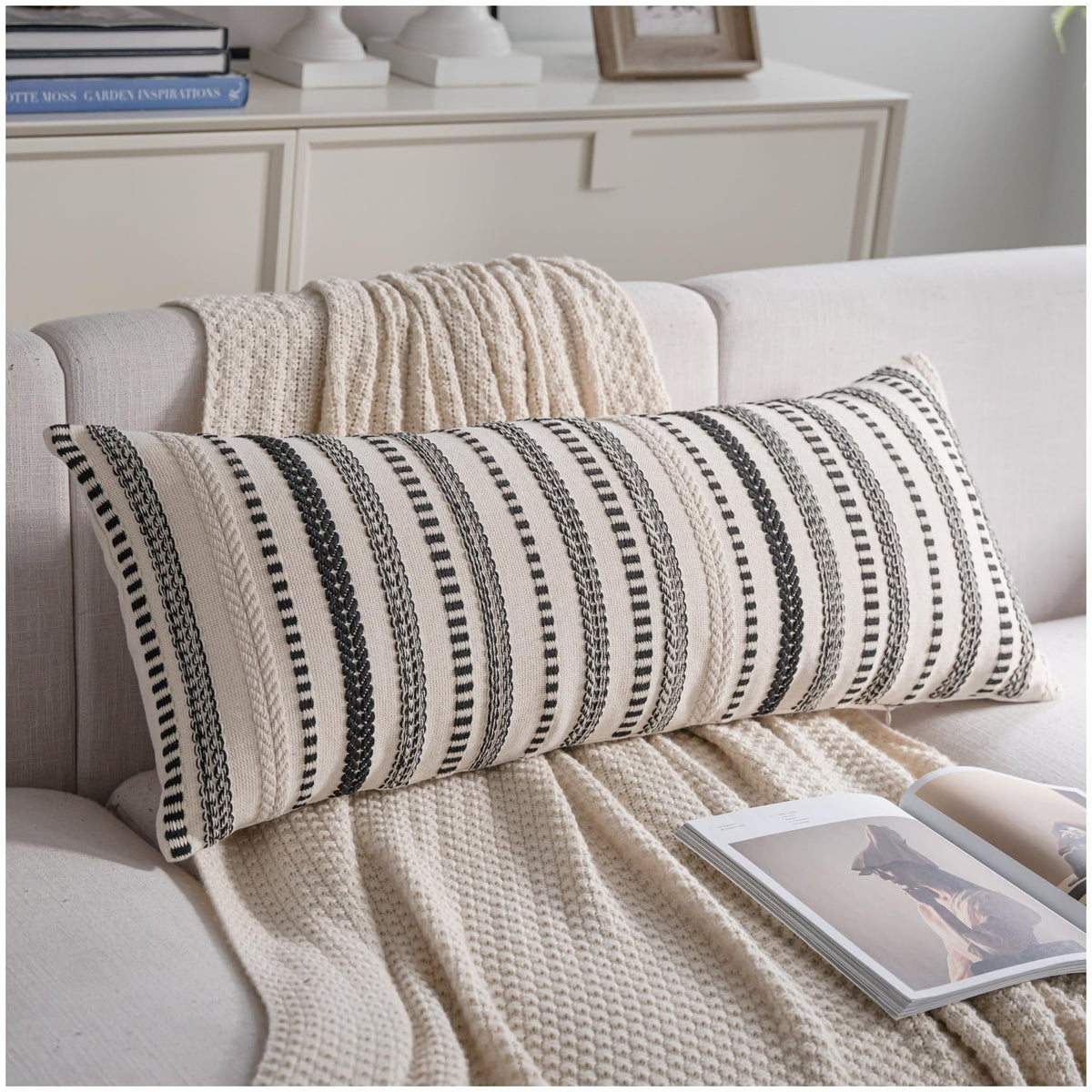 Cethom Blue and Beign Boho Throw Pillow Covers 18x18 Inch Set of 2, Stripe Textured Decorative Couch Pillow Cases for Bed, Sofa, Living Room, Bedroom, Farmhouse Home Accent Cushion Covers