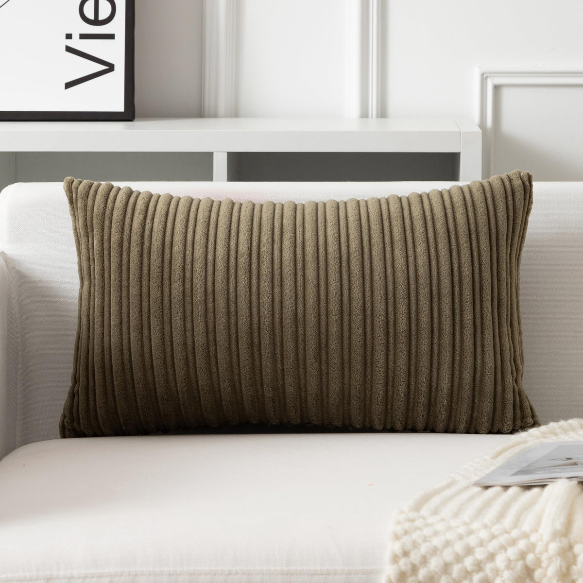 UGASA Velvet 12x20 Inch Lumbar Soft Throw Pillow Cover Boho Farmhouse Decorative Corduroy Striped Both Sides Solid Rectangular Cushion Case for Couch Bedroom Sofa Home, 1 Piece, Beige