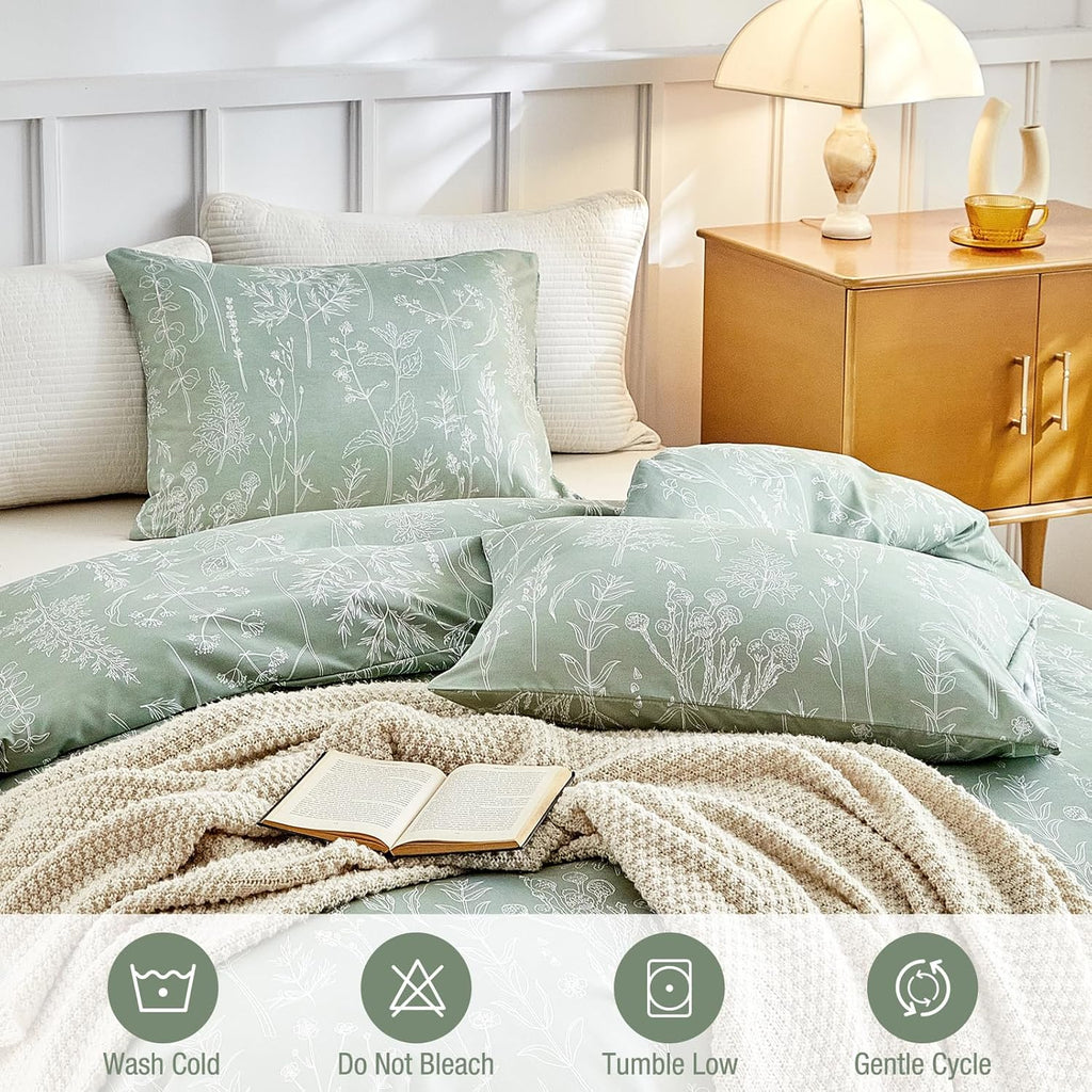Lekesky Floral Duvet Cover Queen Size 3-Piece, Sage Green