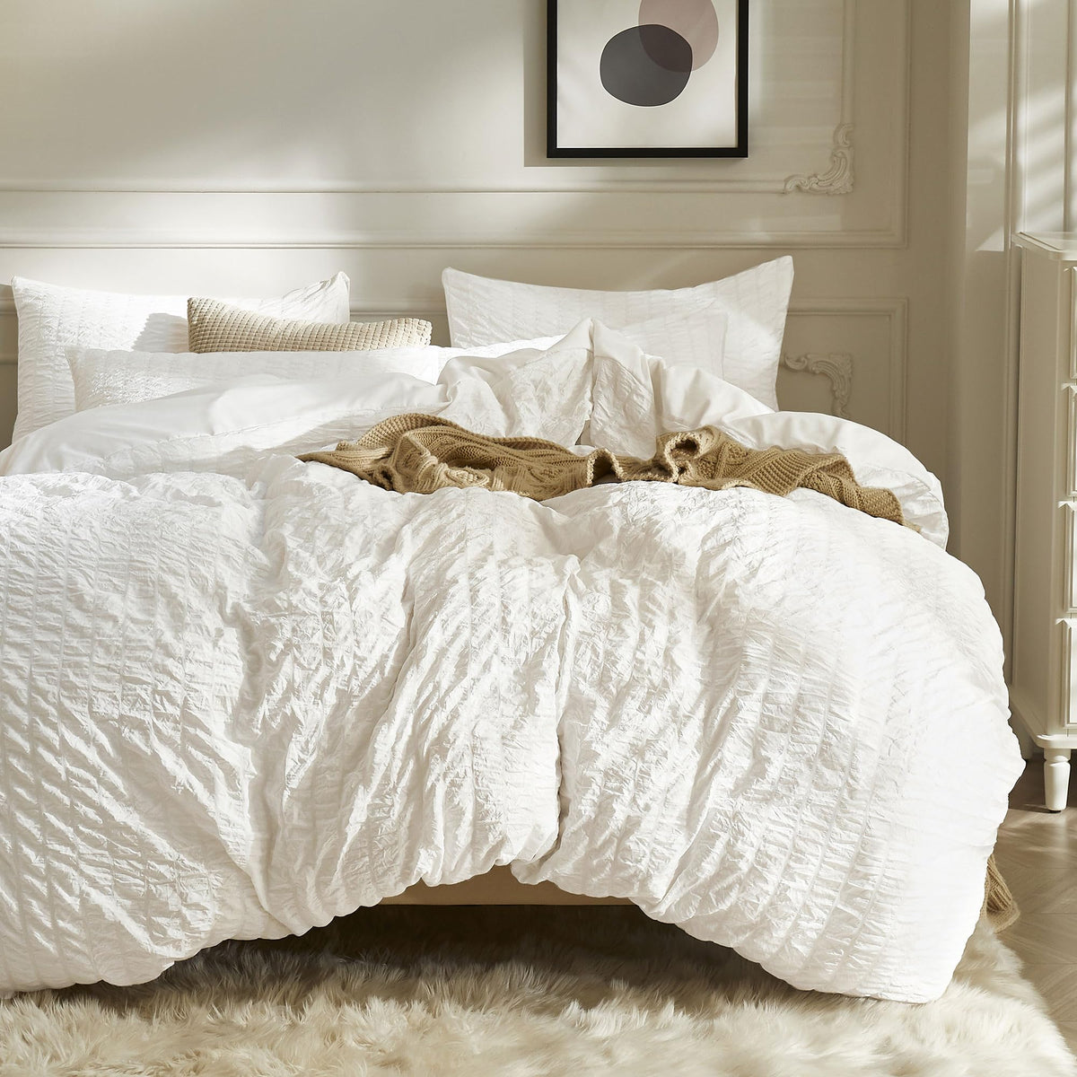 JELLYMONI White Seersucker Duvet Cover Set Queen Size