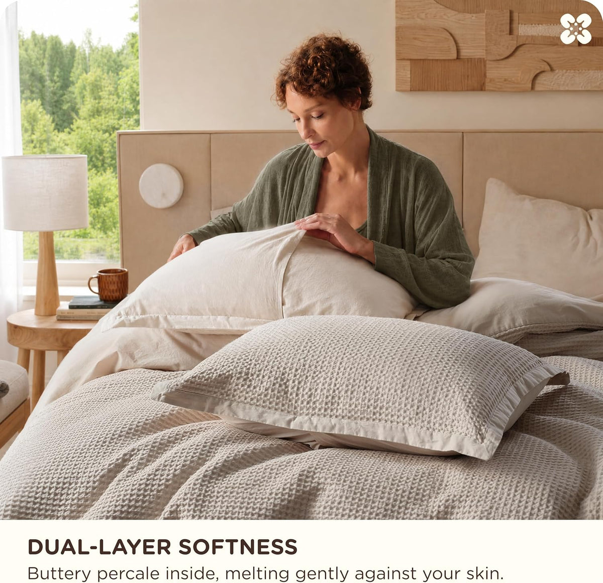 Bedsure PureWoven 3 Pieces 100% Cotton Waffle Duvet Cover Set, King, Linen