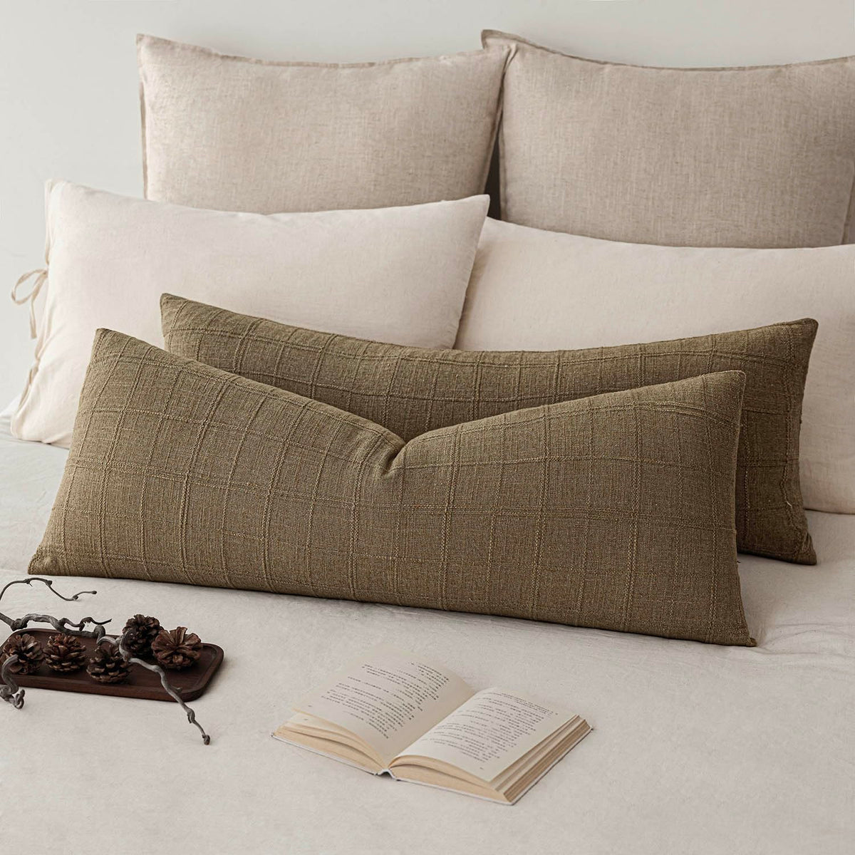 Foindtower Boho Linen Check Decorative Throw Pillow Cover 18×18 Olive Green