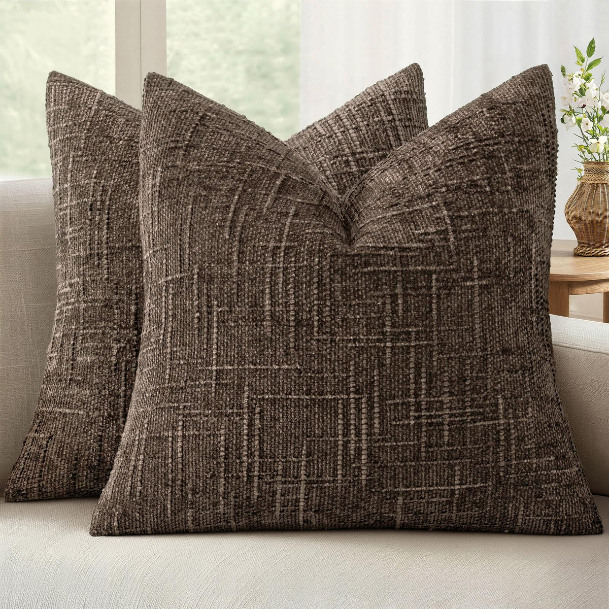 MIULEE Chenille Textured Throw Pillow Covers Cream White 20x20 Set of 2
